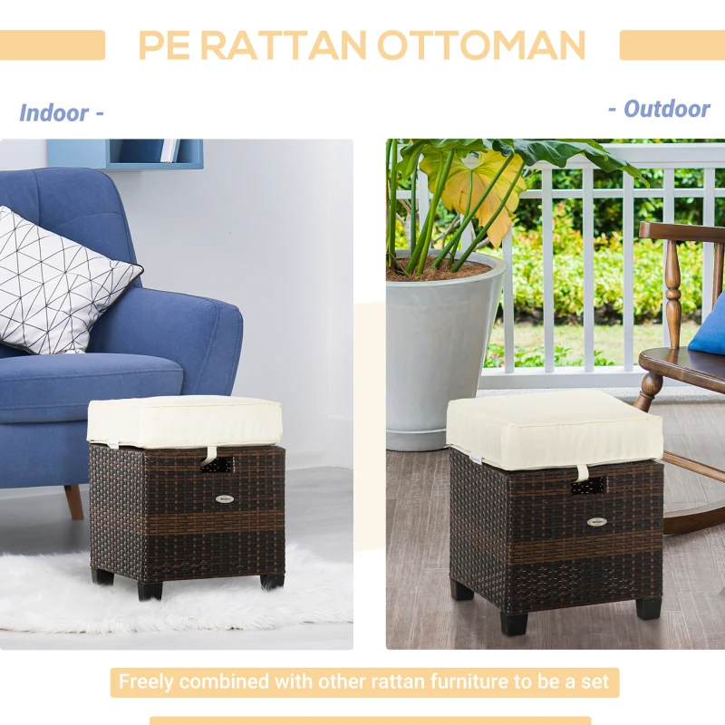Outsunny 2 PCS Patio Wicker Ottoman Set, Two Square Outdoor PE Rattan Footrest with Removable Cushion, Freely Combined Furniture w/ Handle for Backyard, Garden, Poolside, Beige