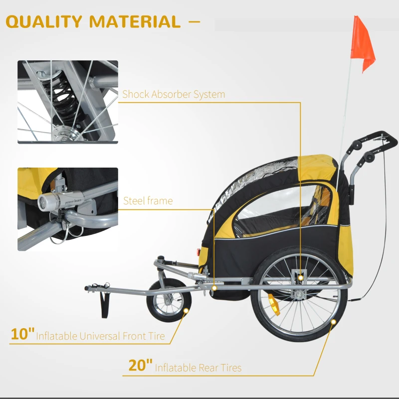 Aosom Elite 360 Swivel Bike Trailer for Kids Double Child Two-Wheel Bicycle Cargo Trailer With 2 Security Harnesses, Yellow