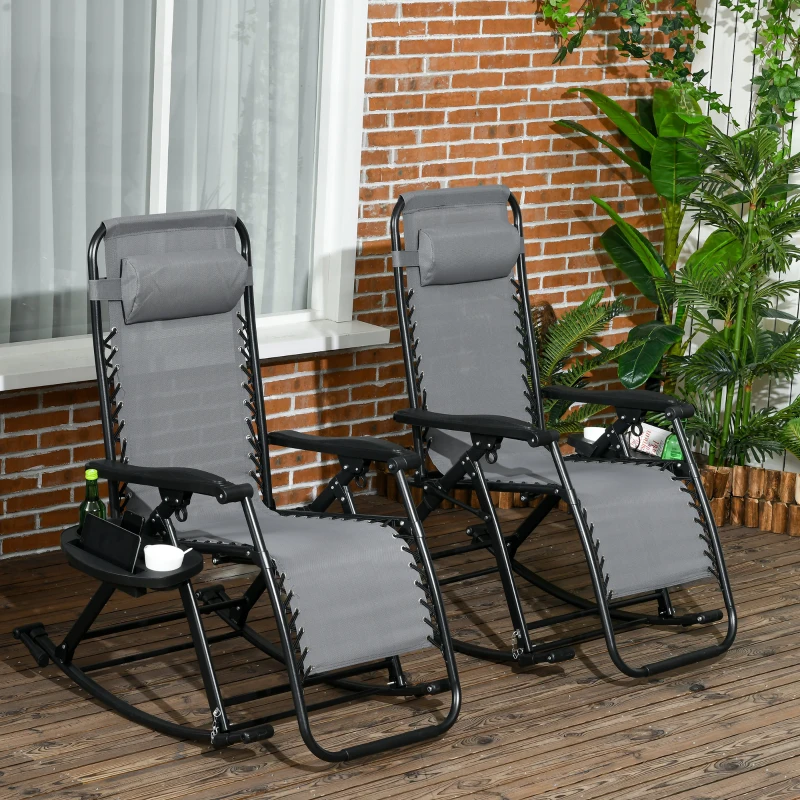 Outsunny 2 Outdoor Rocking Chairs Foldable Reclining Zero Gravity Lounge Rockers w/ Pillow Cup & Phone Holder, Gray