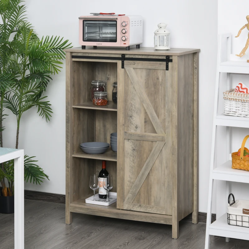 HOMCOM Farmhouse Accent Cabinet, Kitchen Cupboard Storage Cabinet with Barn Door and Adjustable Shelf, Antique Gray