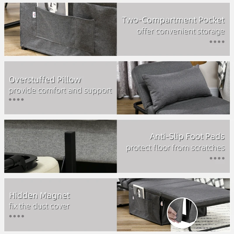 HOMCOM Folding Sofa Bed, 4-in-1 Multi-Function Sleeper Chair Bed Ottoman with Adjustable Backrest, Pillow, Side Pocket for Home Office, Bedroom, Living Room, Charcoal Gray