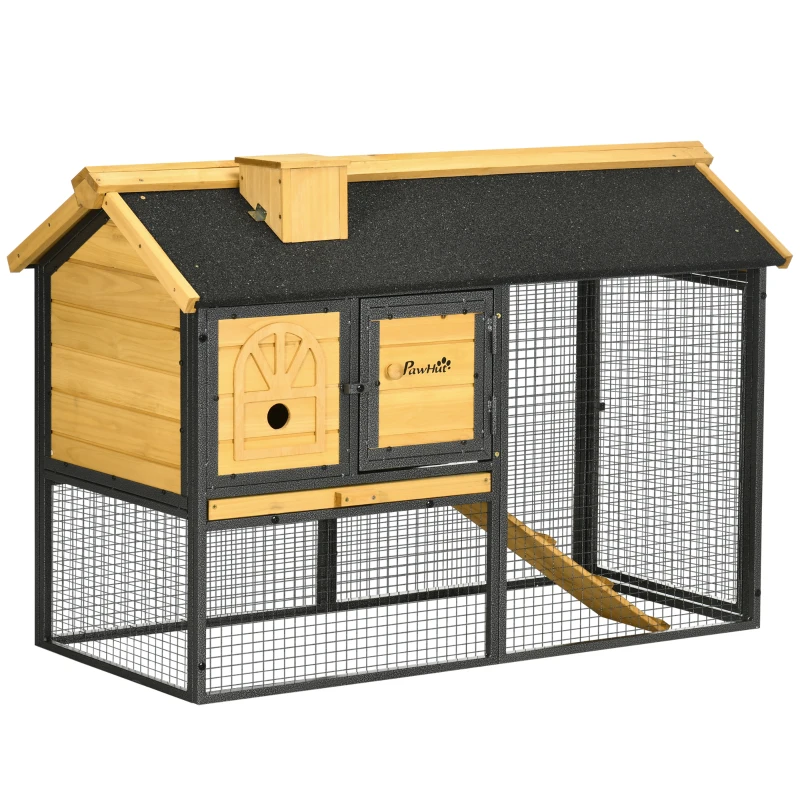 PawHut 47" Wooden Rabbit Hutch Outdoor with Run, Metal Frame, 2-Story Bunny Rabbit Cage with Removable Tray, Ramp, Bunny Hutch with Space-Saving Design for Rabbits, Chickens, Ducks