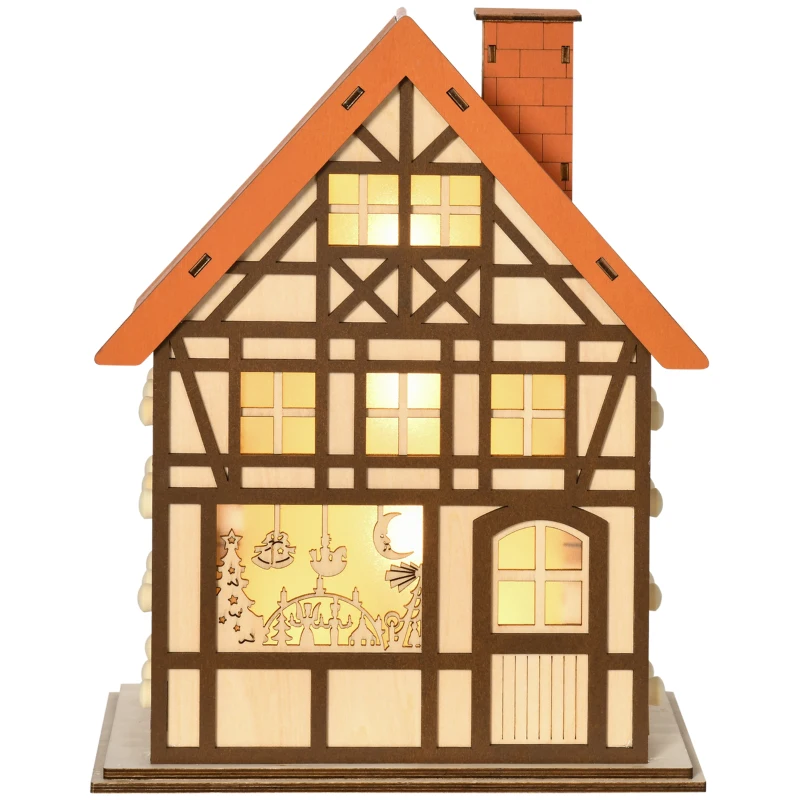 HOMCOM Wooden Christmas Advent Calendar House, Light Up Table Holiday Decoration with 24 Countdown Drawers and LED Lights, for Kids and Adults, Natural and Orange