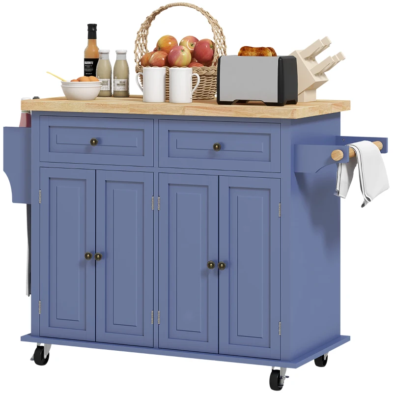 HOMCOM Kitchen Island with Storage, Rolling Trolley Cart with Rubber Wood Top, Spice Rack, Towel Rack, Navy Blue