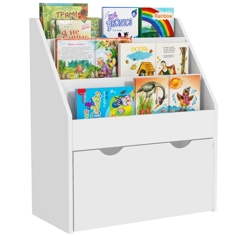 Qaba Kids Bookshelf with 3 Tier Display Shelves, Drawer for Nursery, White