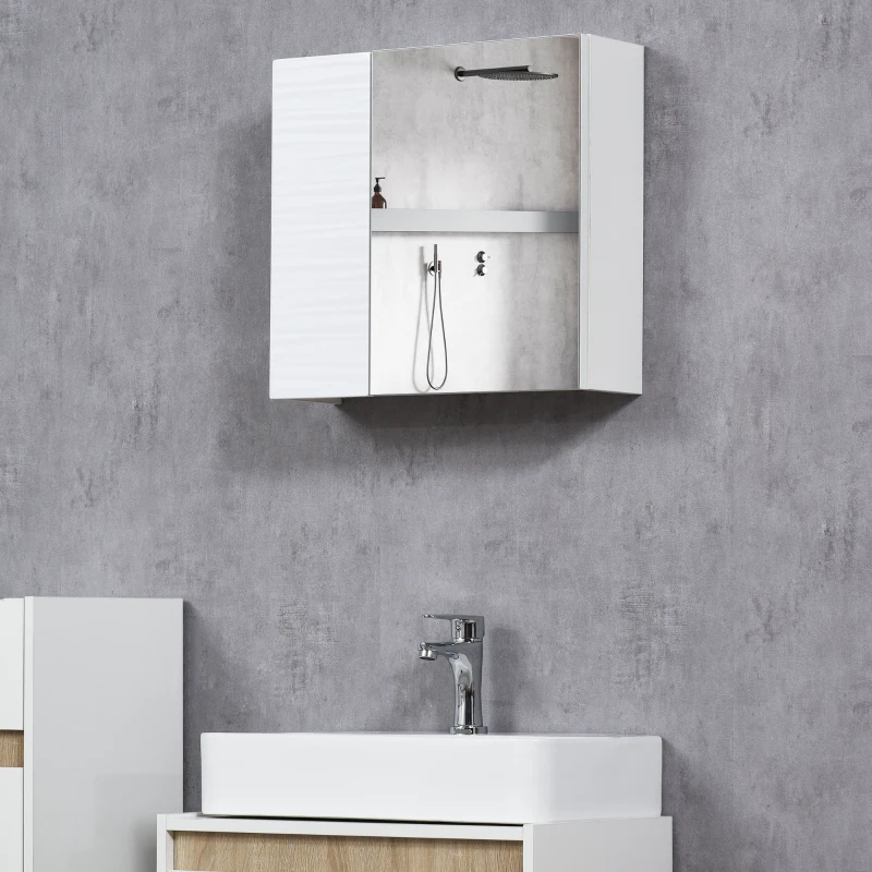 kleankin Wall Mounted Bathroom Medicine Cabinet Mirrored Cabinet with Hinged Door 2-Tier Storage and Adjustable Shelves White