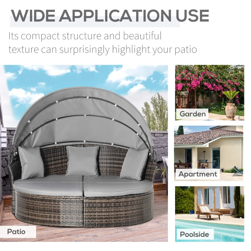 Outsunny 2 Pcs Rattan Outdoor Daybed with Retractable Canopy, Wicker Round Patio Daybed Set with Cushions & Pillows, Mixed Grey
