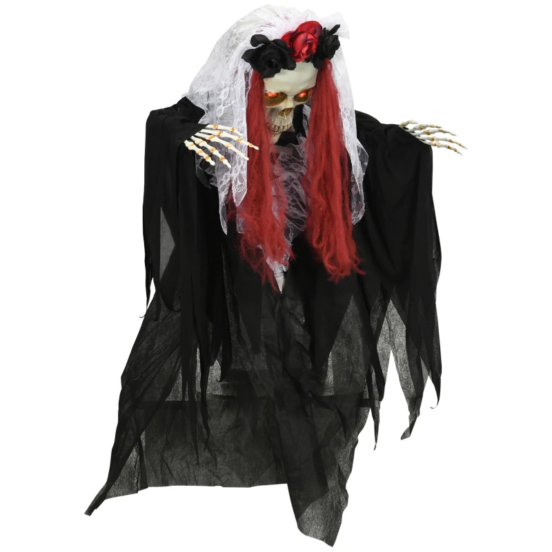 HOMCOM 39 Inch/3.5ft Life Size Outdoor Halloween Decoration Bride Skeleton with Red Hair, Animated Prop with Sound and Motion Activated, Light Up Eyes, Creepy Sound