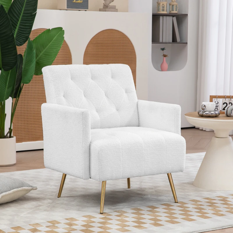HOMCOM Upholstered Armchair, Modern Sherpa Accent Chair, Tufted Reading Chair for Living Room with Gold Steel Legs, White