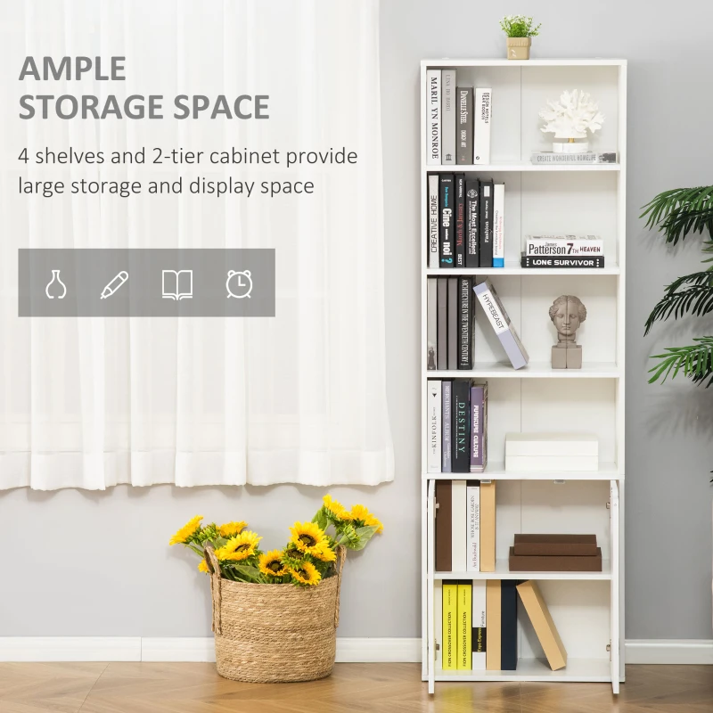 HOMCOM 4-Tier Open Bookshelf with Doors Modern Home Office Bookcase Storage Cabinet for Living Room Bathroom Study, White