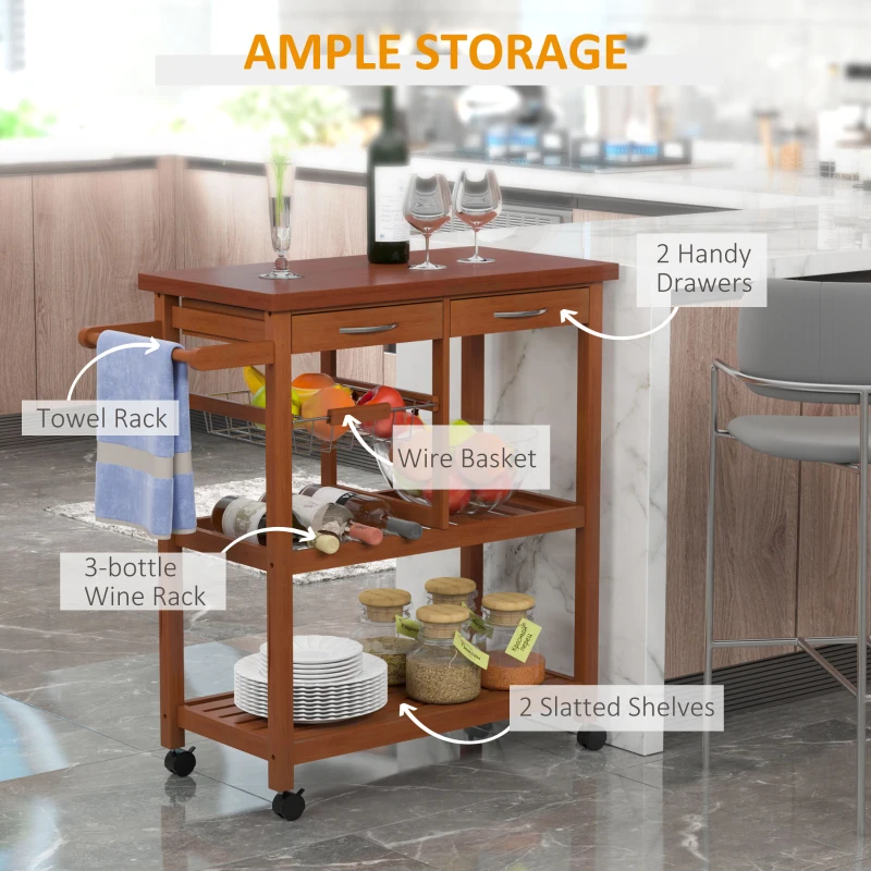 HOMCOM Wooden Kitchen Trolley Cart Basket Drawer Dining Storage w/Roller Holder Wood