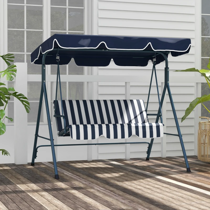 Outsunny 3-Seater Outdoor Porch Swing with Adjustable Canopy, Patio Swing Chair for Garden, Poolside, Backyard, Blue and White