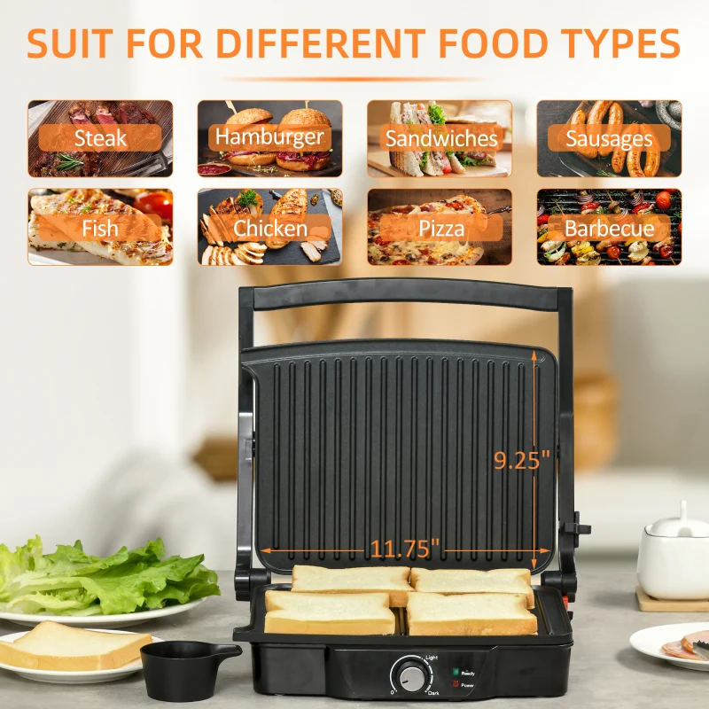 HOMCOM 4 Slice Panini Press Grill, Stainless Steel Sandwich Maker with Non-Stick Double Plates, Locking Lids and Drip Tray, Opens 180 Degrees to Fit Any Type or Size of Food 13.75"x12.75"x4.75"