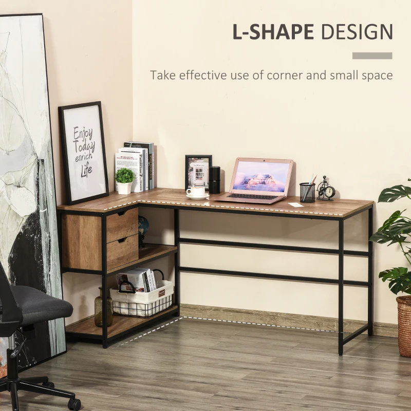 HOMCOM L-Shaped Home Offie Computer Desk with Storage Shelves, 2 Dawers and Industrial Steel Frame, Black/Brown