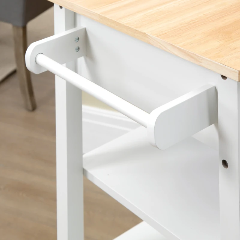 HOMCOM Kitchen Island Cart, Rolling Kitchen Island with Storage Shelf, Solid Wood Top, Drawer, for Dining Room, White