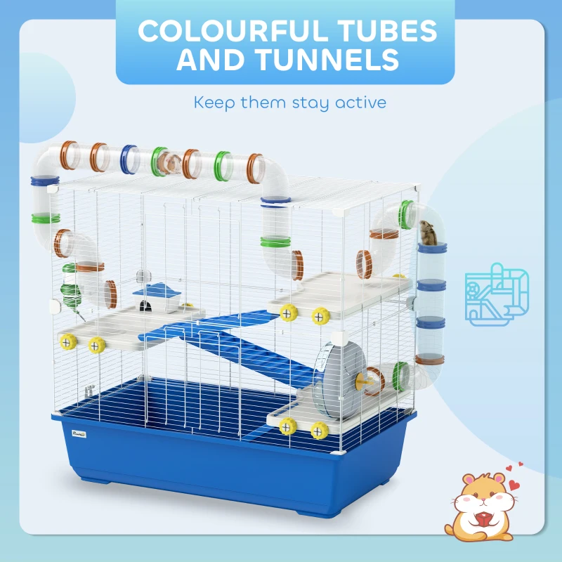 PawHut 4 Tier Hamster Cage with Tunnel Tube System, Hut, Exercise Wheel, Water Bottle, Food Dish, for Syrian, Gerbil, Blue