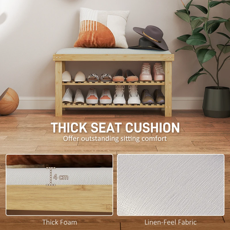 HOMCOM Bamboo Shoe Storage Bench, 3-Tier Entryway Bench with Cushion, Shoe Organizer for Entryway, Hallway, Cream White