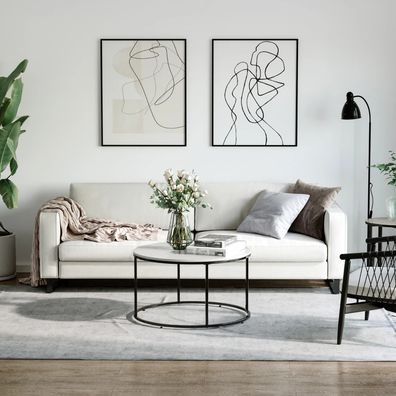 HOMCOM Round Coffee Table Sofa Side Table with a Modern Design, Black Metal Frame and Easy Maintenance, White