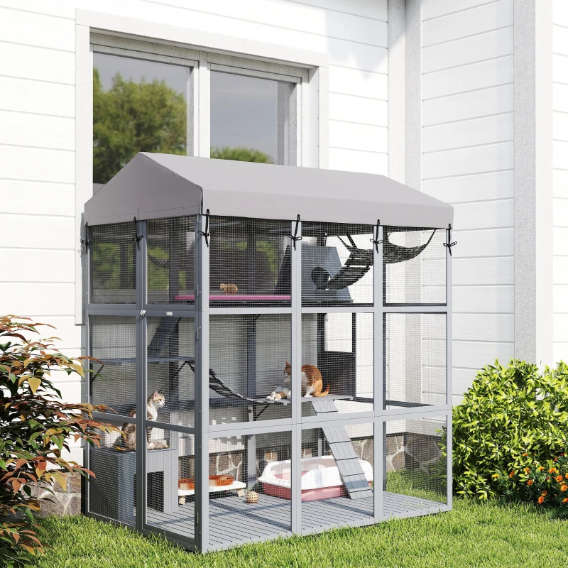 PawHut 81"H Catio Outdoor with Floor to Prevent Escaping & Easy Cleaning, for 2-4 Cats Kittens, Grey