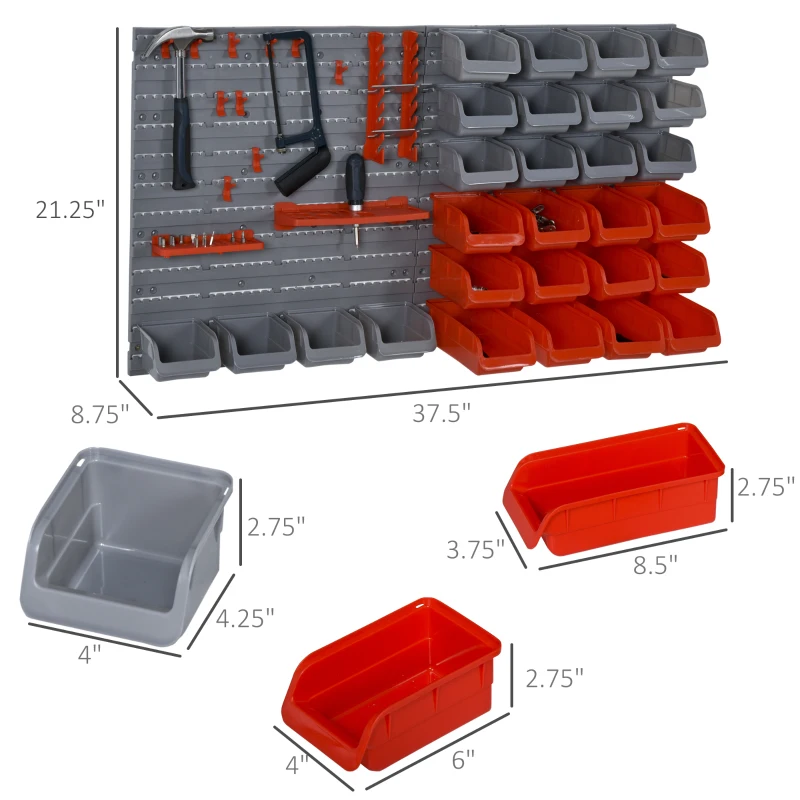 DURHAND 44 PCS Wall Mounted Pegboard Tool Organizer Rack Kit with Various Sized Storage Bins, Pegboard and Hooks, Red