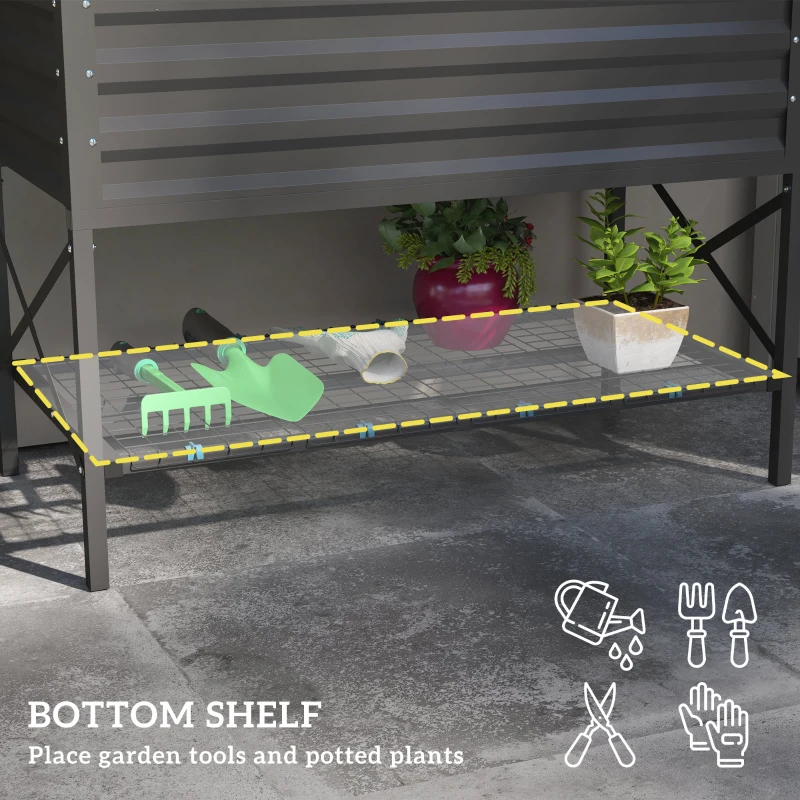 Outsunny Galvanized Raised Garden Bed, Metal Planter Box with Legs, Storage Shelf and Bed Liner, Dark Gray