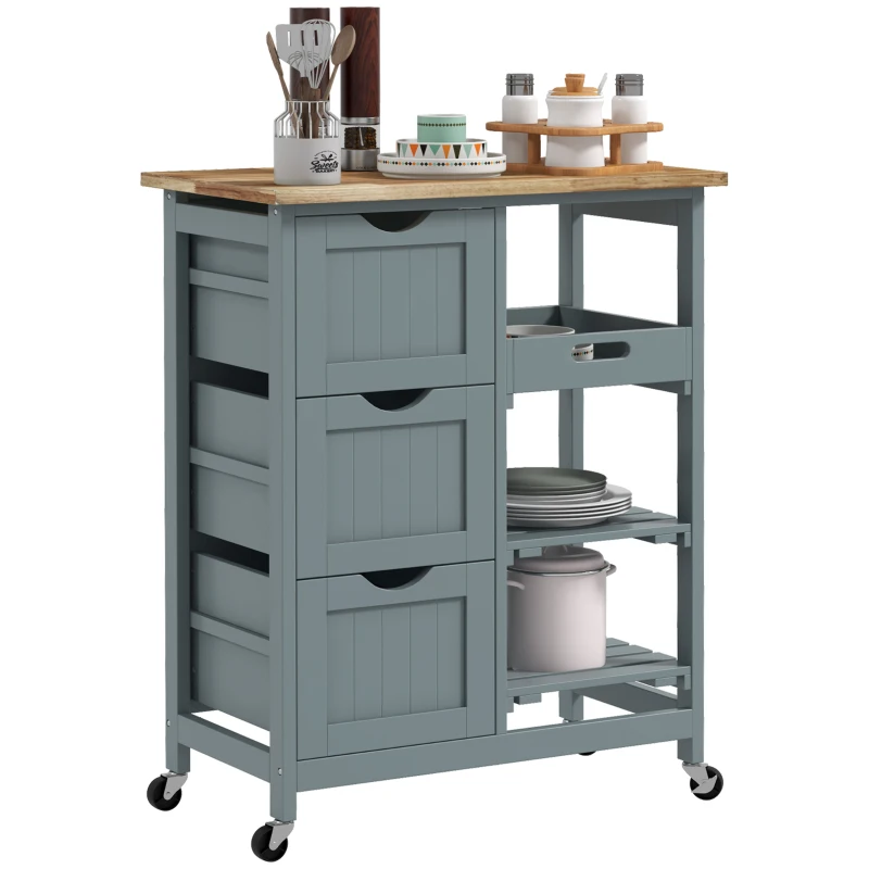 HOMCOM Kitchen Cart on Wheels, Rolling Kitchen Island Cart with Wood Top, 3 Drawers and Shelves for Home Dining Area