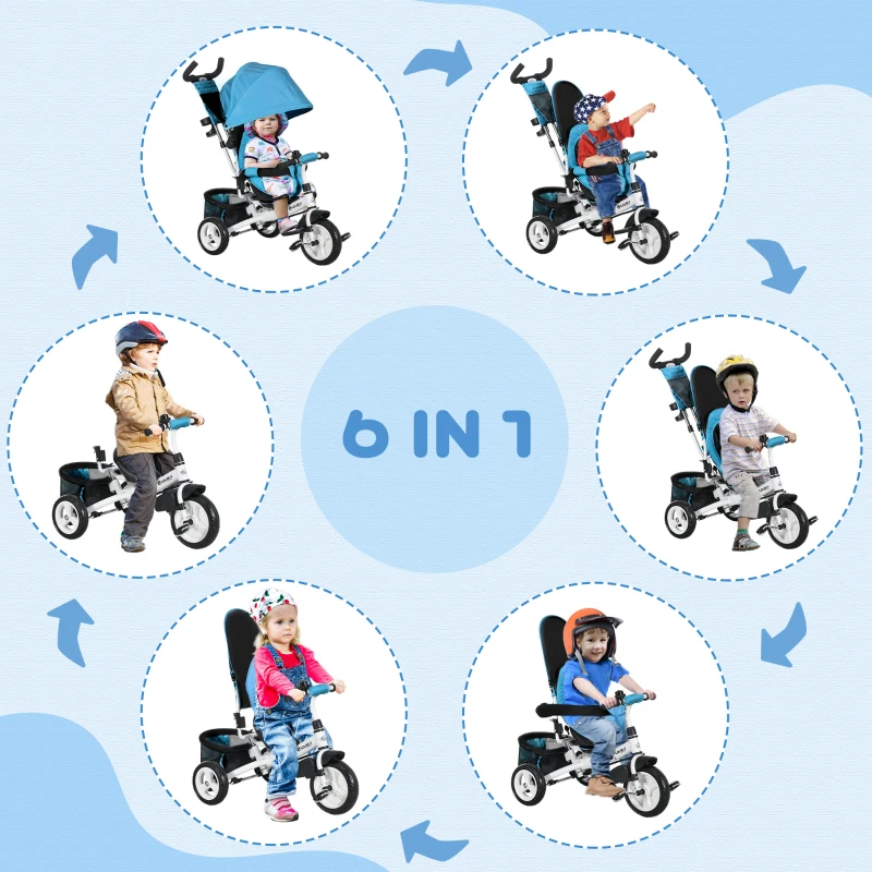 Qaba 6 in 1 Tricycle for Toddler 1-5 Years with Parent-Push Handle, Blue