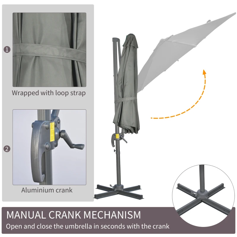 Outsunny 9.6' Cantilever Patio Umbrella Outdoor Hanging Offset Umbrella, Cross Base, 360° Rotation Aluminum Poles, Grey