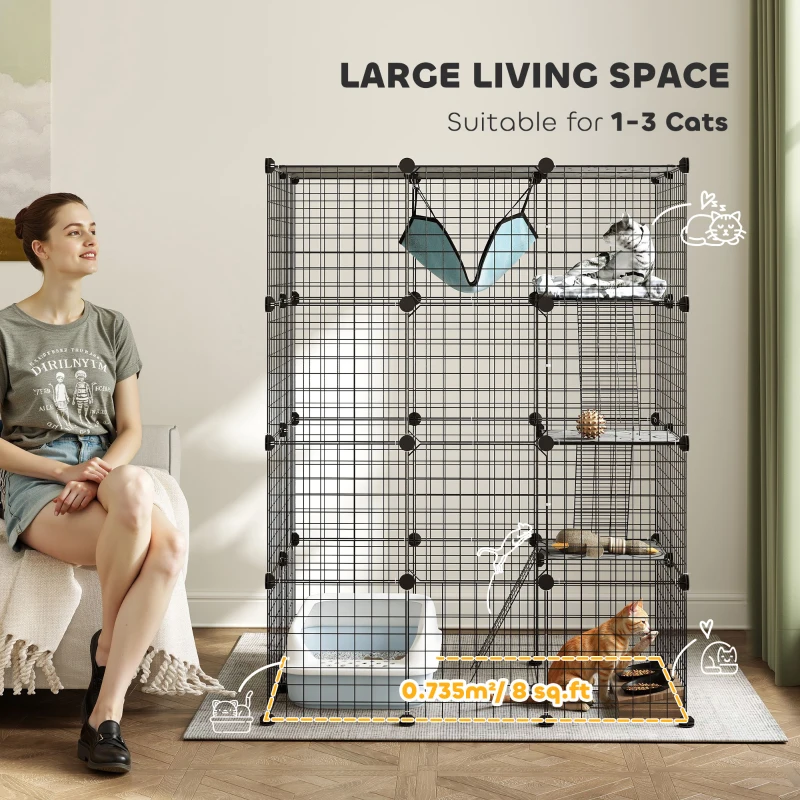 PawHut 4-Tier DIY Large Cat Cage with Hammock, Platforms, Ramps, Accessories for 1-3 Cats, Indoor Use, Black