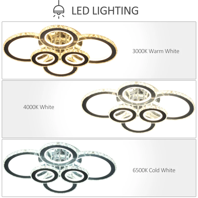 HOMCOM Elegant LED Chandelier with 6 Rings, Ceiling Light with Cool White Lighting for Living Room, Dining Room, or Bedroom, Silver