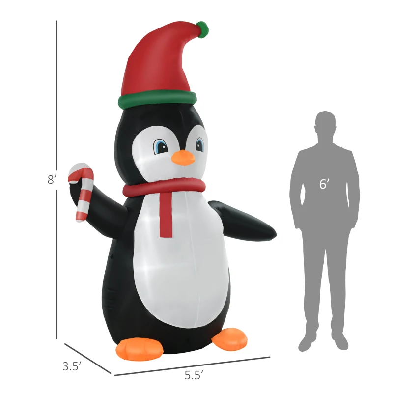 HOMCOM 8ft Christmas Inflatables Outdoor Decorations Penguin with Candy Cane, Blow-Up Yard Christmas Decor with LED Lights Display