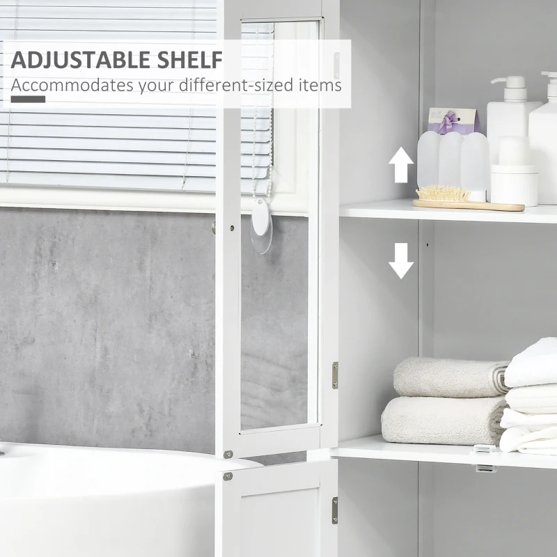 kleankin Bathroom Floor Cabinet with 2 Storage Cabinets, Tempered Glass Door, Freestanding Linen Tower with Adjustable Shelves for Living Room, White