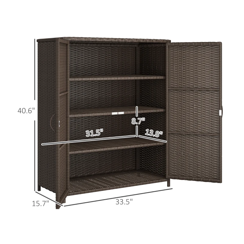 Outsunny Rattan Wicker Outdoor Storage Cabinet with 4 Shelves and 2 Doors for Garden Pool Towel Storage, Coffee
