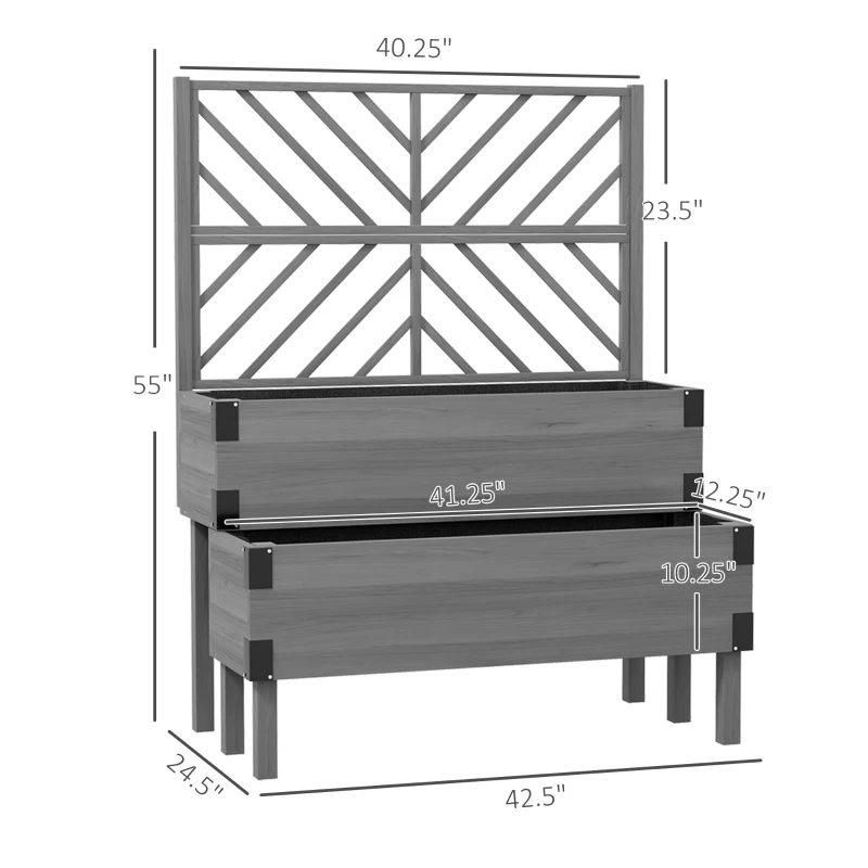 Outsunny 2 Tier Trellis Planter, Wooden Raised Garden Bed, Gray