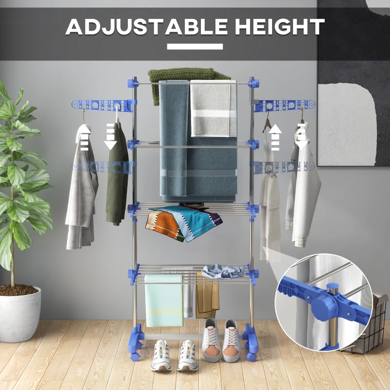 HOMCOM Garment Drying Rack Stainless Steel Folding Clothes Hanging Rack with Side Wings Castors for Indoor Outdoor Blue