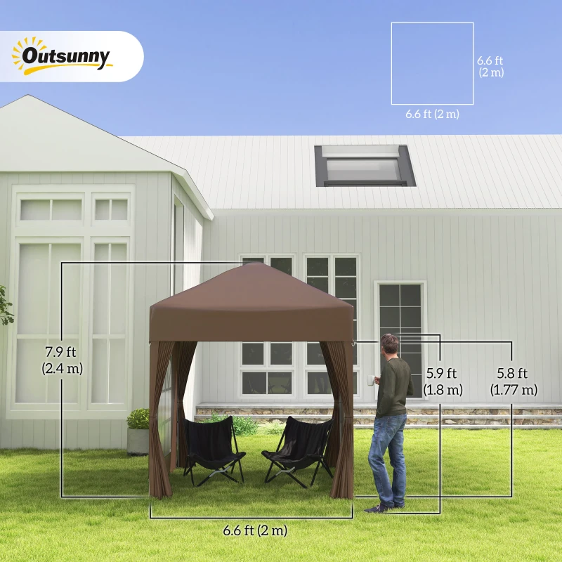 Outsunny 6.6'x6.6' Pop Up Canopy Tent with Sidewalls, Instant Sun Shelter Camping Gazebo with Carry Bag, Brown