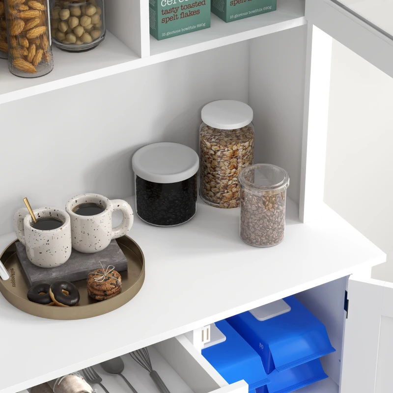 HOMCOM Freestanding Rustic Buffet with Hutch, 4 Door Farmhouse Kitchen Pantry Storage Cabinet, Microwave Stand with Beadboard Panel, Drawer and Adjustable Shelves, White