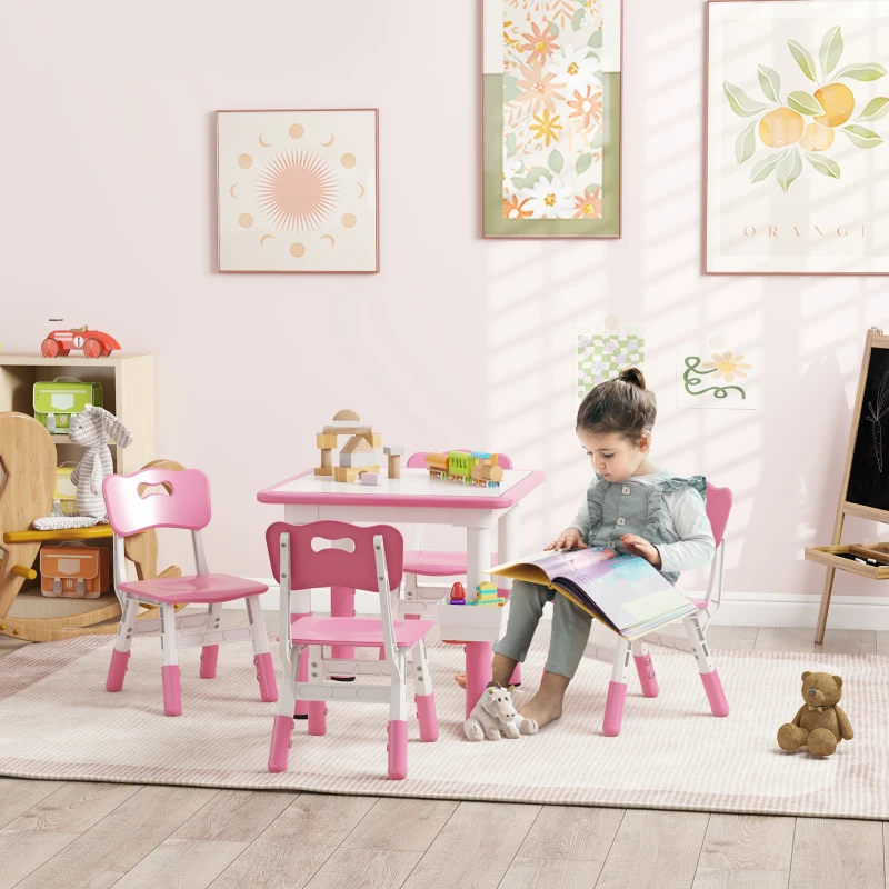 Qaba Height Adjustable 5pc Toddler Table and Chair Set with Storage Box, Easy to Wipe for 18 Months - 5 Years, Pink