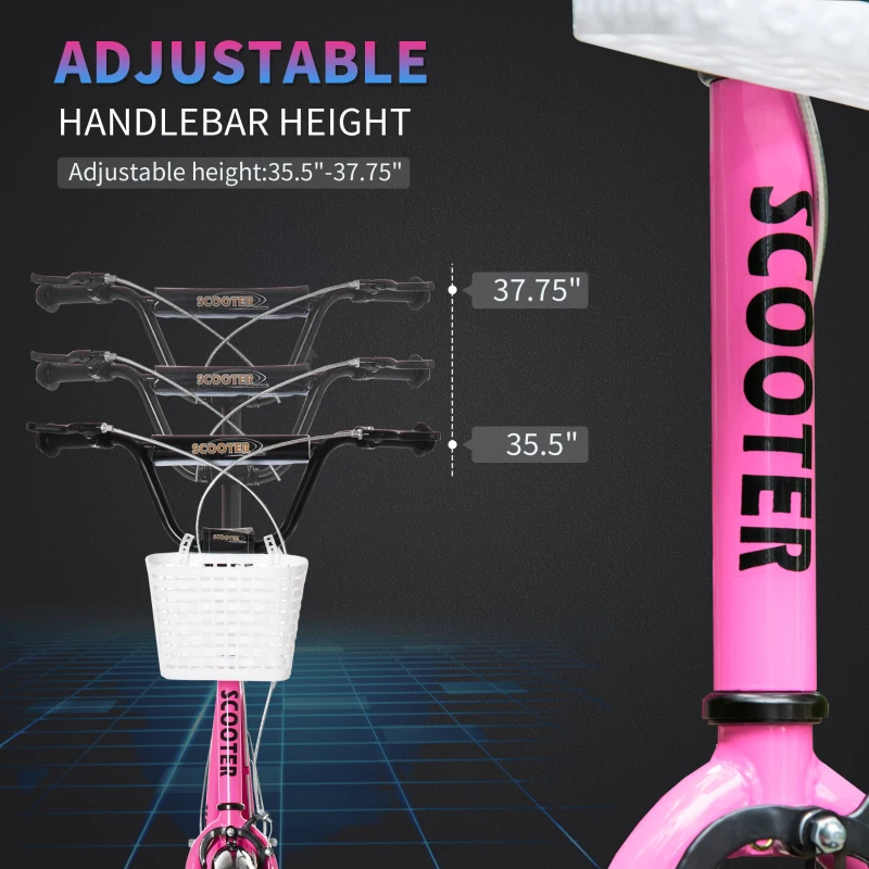 Aosom Youth Scooter, Kick Scooter with Adjustable Handlebars, Double Brakes, 16" Inflatable Rubber Tires, Basket, Cupholder, Pink