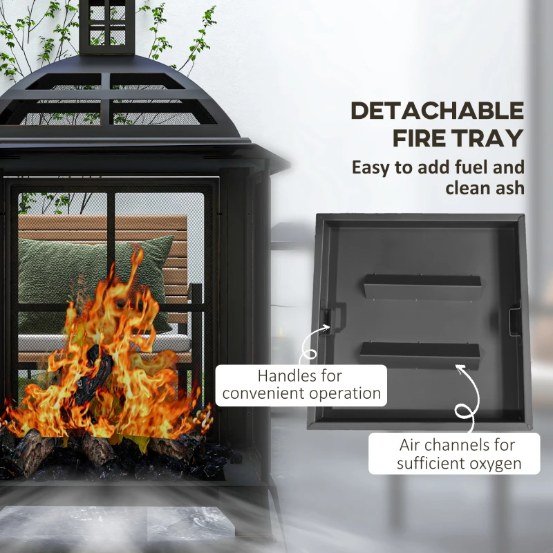 Outsunny Wood-Burning Fire Pit, Chimney Style Firepit with Poker, 28" x 28", Black