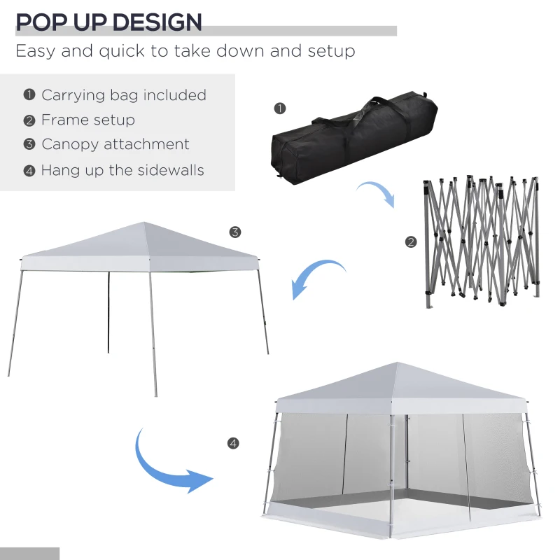Outsunny Slant Leg Pop Up Canopy Tent with Netting and Carry Bag, Instant Sun Shelter, Tents for Parties, Height Adjustable, for Outdoor, Garden, Patio, (11.5'x11.5' Base / 10'x10' Top), White
