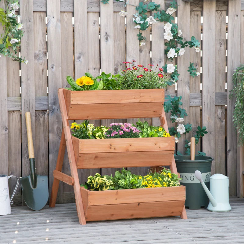 Outsunny 3 Tier Elevated Planter Box, Vertical Wooden Raised Garden Bed for Flowers, Vegetables, Herbs, 26" x 30" x 30", Brown
