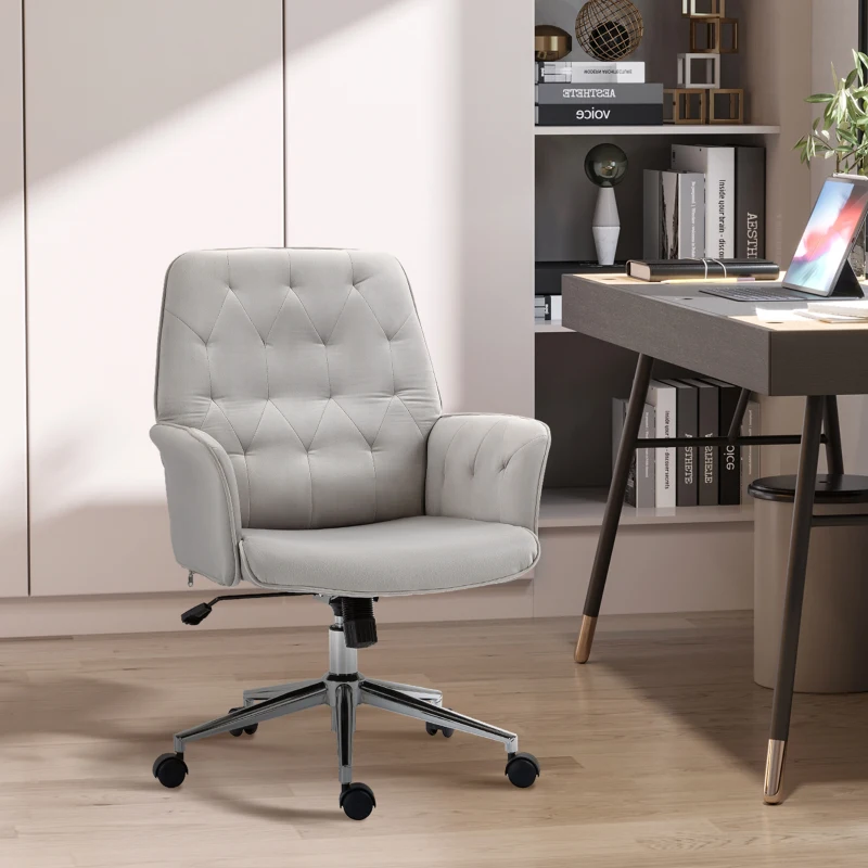Vinsetto Velvet Home Office Chair, Tufted Height Adjustable Computer Desk Chair with Swivel Wheels and Padded Armrests, Light Gray