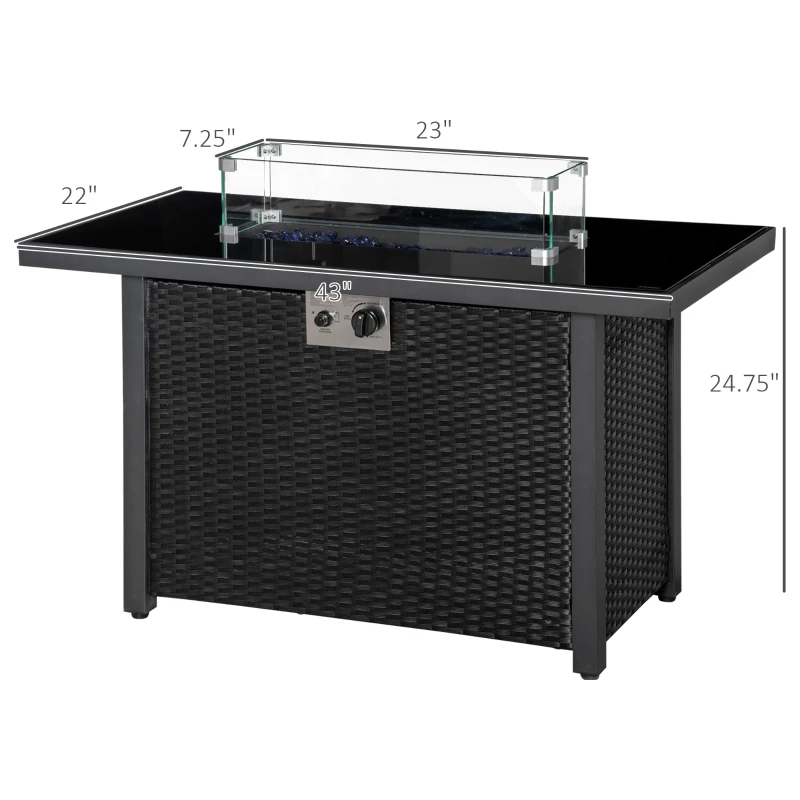 Outsunny Propane Fire Pit Table 43in Outdoor Fire Table, 50,000 BTU Pulse-Ignition Wicker Firepit Furniture with Glass Wind Guard, Blue Glass Rock, CSA Certification, Black