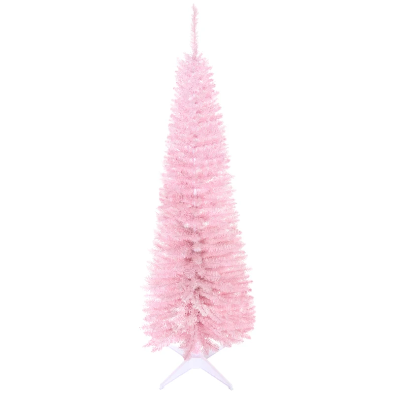 HOMCOM 5' Artificial Pencil Christmas Tree, Slim Xmas Tree with 294 Realistic Branch Tips and Plastic Stand, Pink