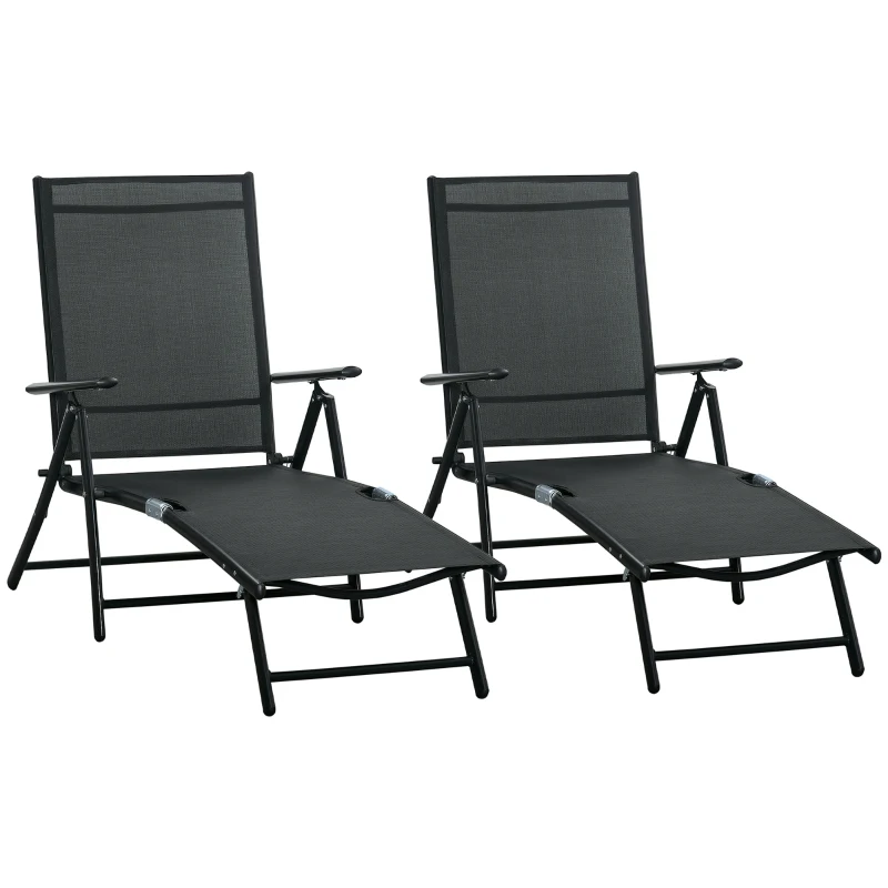 Outsunny Outdoor Set of 2 Lounge Chair, Folding Reclining Garden Sun Lounger with Metal Frame, Adjustable Backrest for Patio, Deck, and Poolside, Black