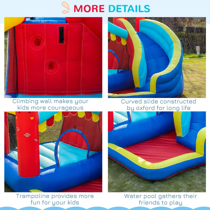 Outsunny 4 in 1 Inflatable Bounce House with Slide, Climbing Wall, and Pool or Ball Pit, Jumping Castle, Four Fun Activities, Water Bounce House for Kids