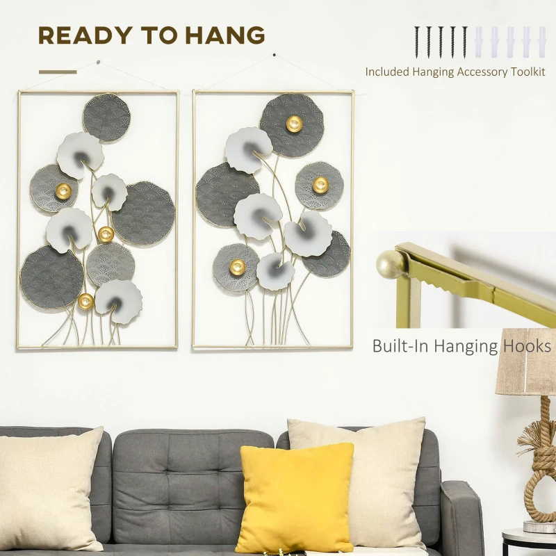 HOMCOM 3D Metal Wall Art Set of 2 Modern Lotus Leaves Hanging Wall Sculpture Home Decor for Living Room Bedroom Kitchen 20"x32"x2, Gray and Gold
