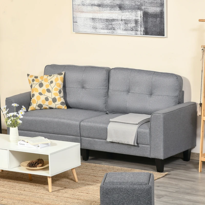HOMCOM 3-Seater Sofa, Mid-Century Linen Couch with Upholstered Seat, Button-Tufted Back Cushion and Rubber Wood Legs for Living Room, Bedroom, Gray