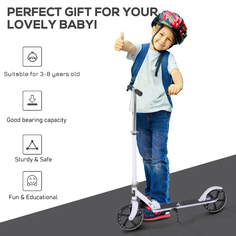 Aosom Kids Foldable Kick Scooter with Adjustable Height, Soft Textured Handles, Wide Deck, Brakes for Ages 7-14, 29.5" H - 39" H, White